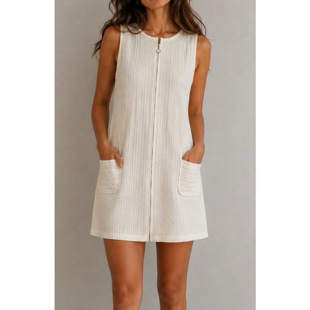 Tropical Escape White Zip Front Sleeveless Swim Coverup Dress Pockets L